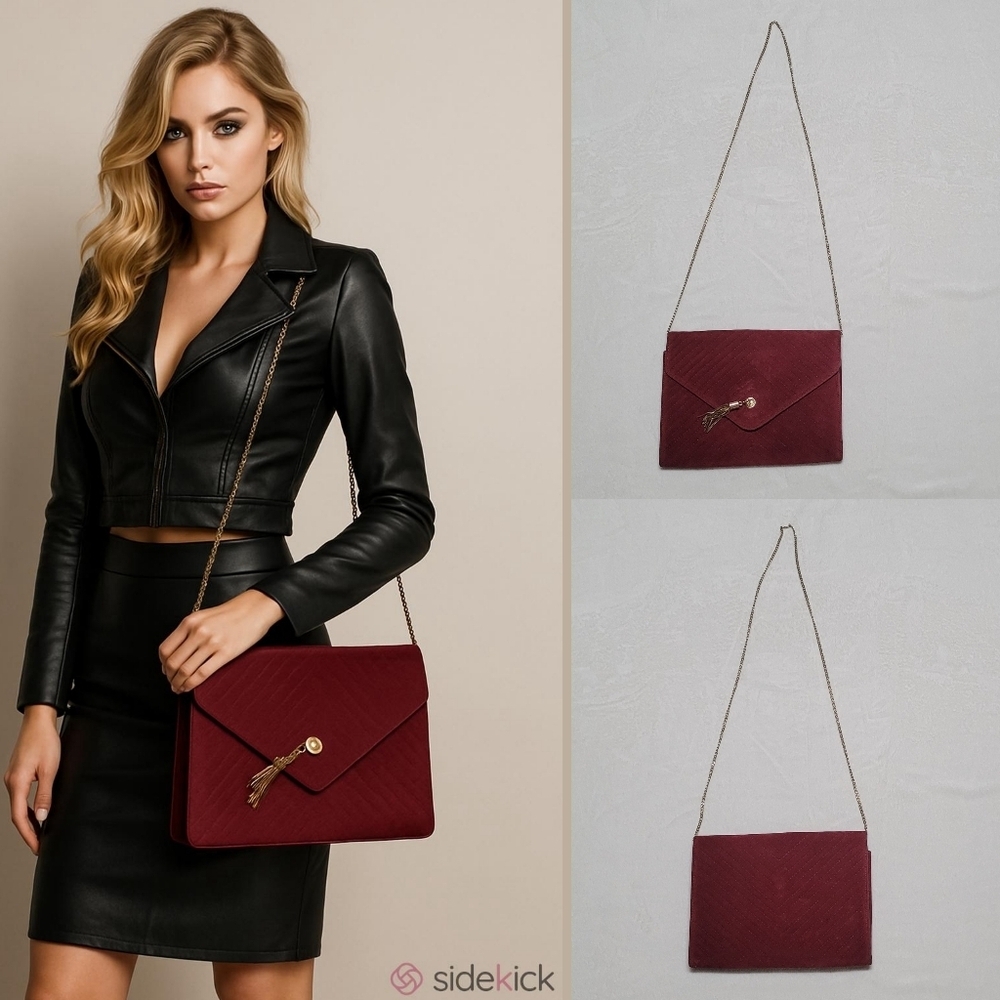 70s Vintage Burgundy Quilted Gold Tassle Chainlink Strap Crossbody Bag 11.5x9
